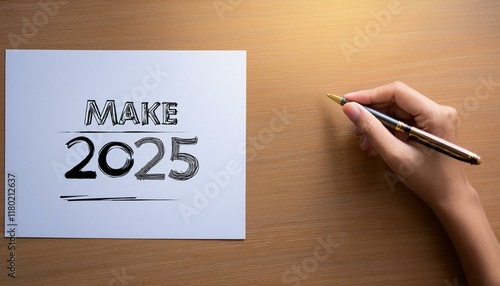 Blank paper on wooden board and hand side it with text Make 2025 on it