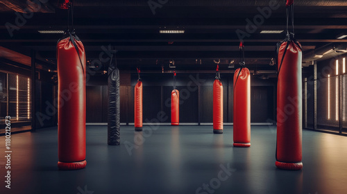 Wallpaper Mural "Boxing ring surrounded by hanging punching bags in a sports hall designed for boxing." Torontodigital.ca