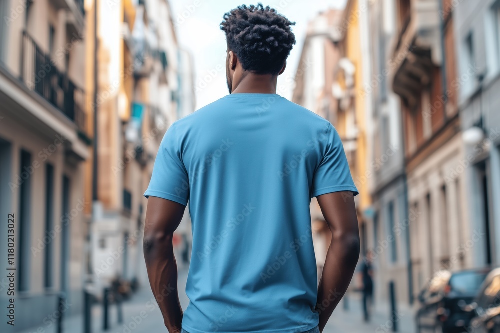 A man with curly hair stands with his back to the camera, wearing a blue color T-shirt mockup. He is in a narrow street lined with buildings, creating an urban atmosphere. A man with curly hair stands with his back to the camera, wearing a blue color T-shirt mockup. He is in a narrow street lined with buildings, creating an urban atmosphere.