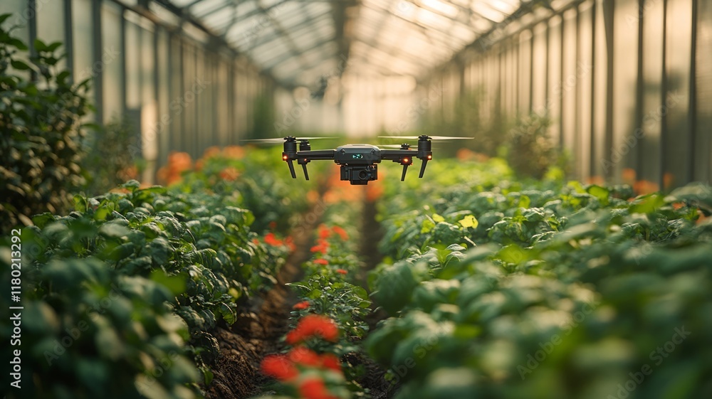 Naklejka premium Drone Hovering Over a Tomato Greenhouse