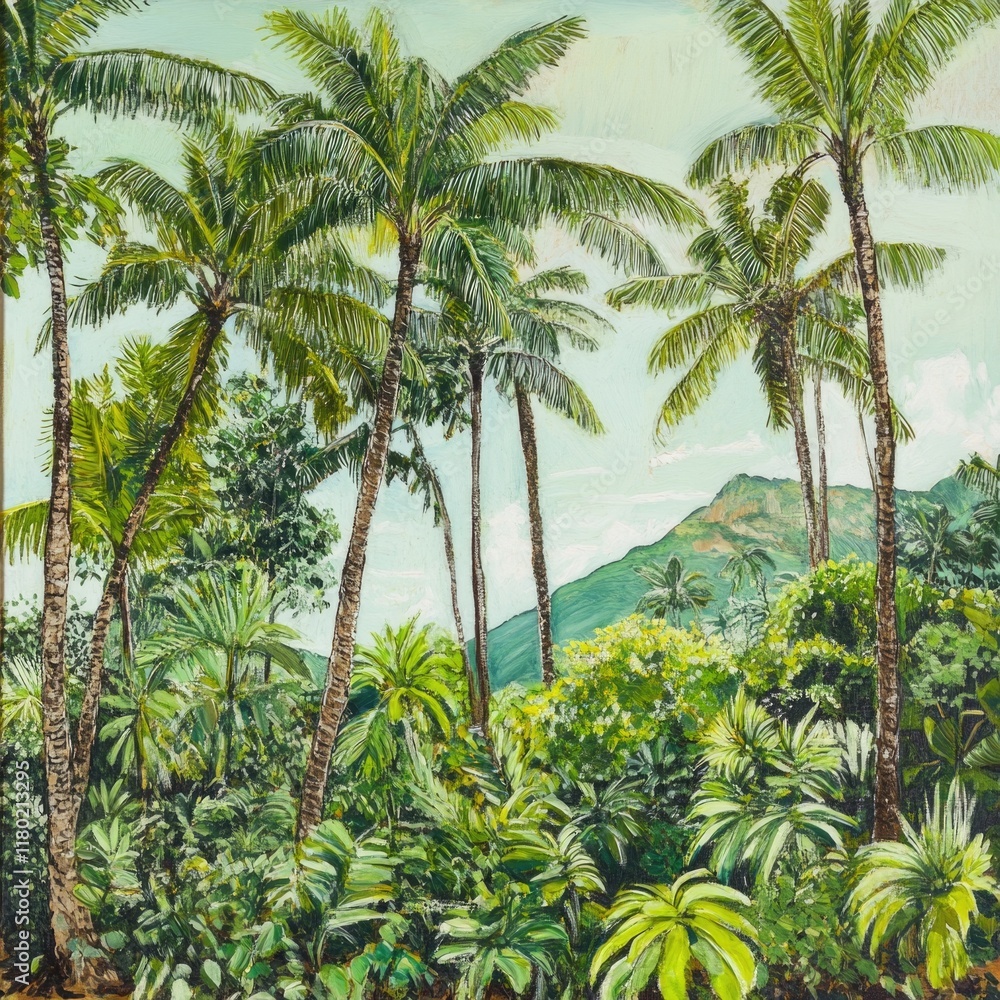 A serene tropical landscape featuring tall palm trees and lush greenery A serene tropical landscape featuring tall palm trees and lush greenery