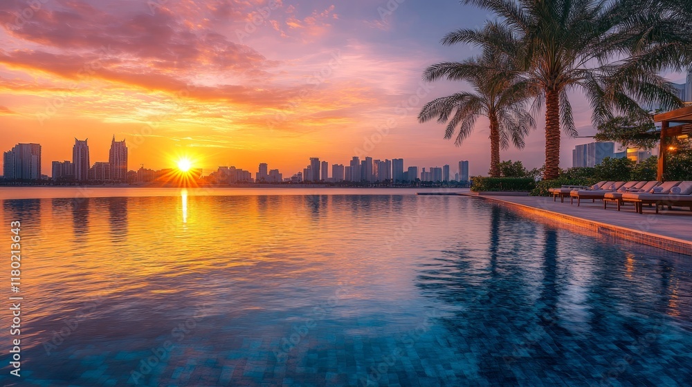 A panoramic view of a Miami sunrise over the bay, with vibrant colors reflecting on the water. A panoramic view of a Miami sunrise over the bay, with vibrant colors reflecting on the water.