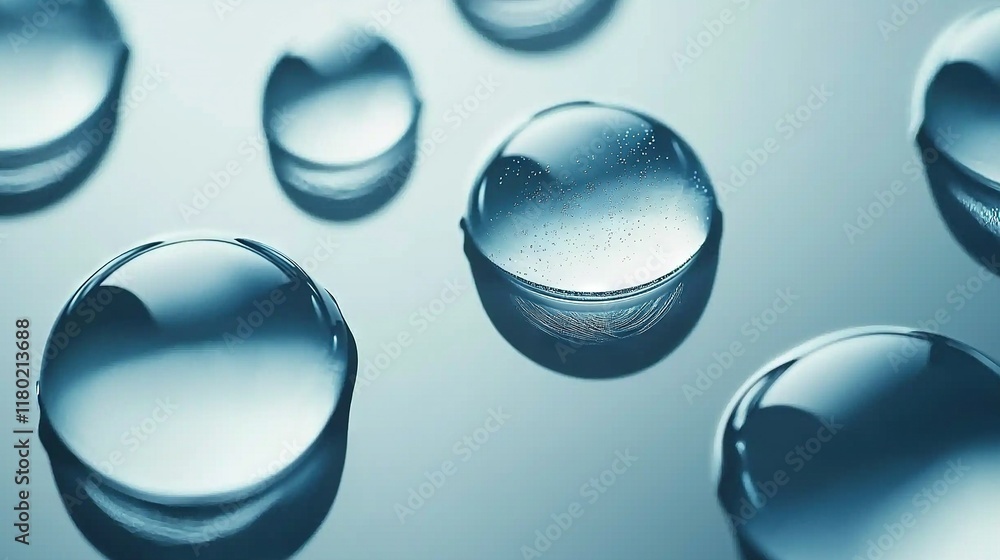 A collection of water droplets resting atop a white countertop amidst a blue backdrop A collection of water droplets resting atop a white countertop amidst a blue backdrop