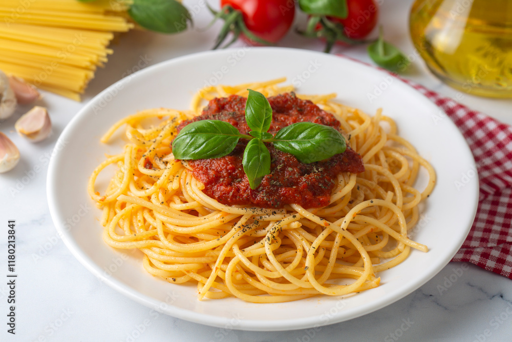 Tasty appetizing classic italian spaghetti pasta with tomato sauce