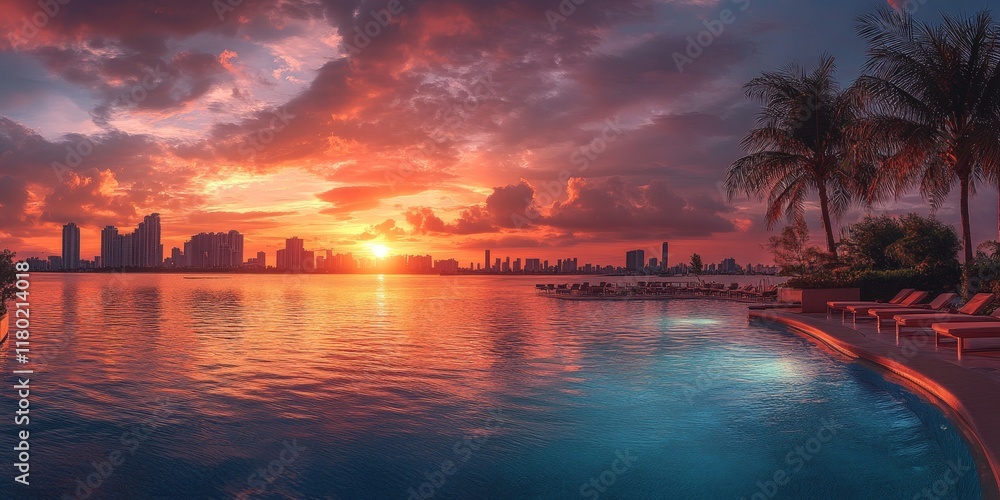 A panoramic view of a Miami sunrise over the bay, with vibrant colors reflecting on the water.
