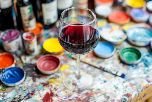 In a bright art studio, a glass of rich red wine rests on a colorful table mixed with open paint containers and brushes. The atmosphere is creative and inviting, perfect for artistic expression photo