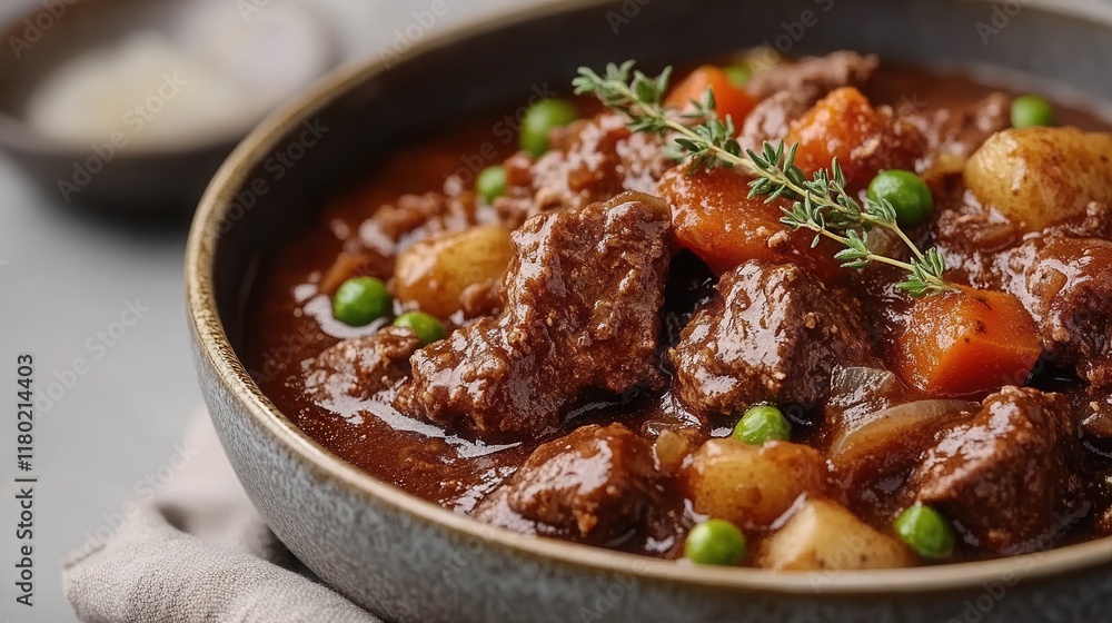 Hearty beef stew with tender chunks of meat, vegetables, and rich gravy served in rustic bowl with thyme on top Hearty beef stew with tender chunks of meat, vegetables, and rich gravy served in rustic bowl with thyme on top