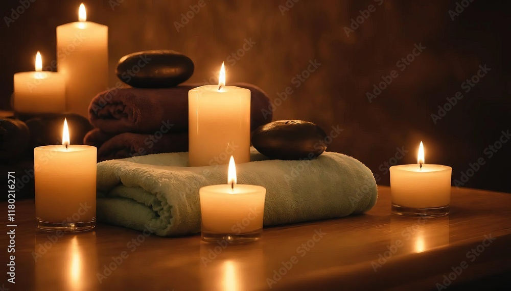 Burning candles in spa, wooden background, Warm atmosphere, bath accessories Burning candles in spa, wooden background, Warm atmosphere, bath accessories