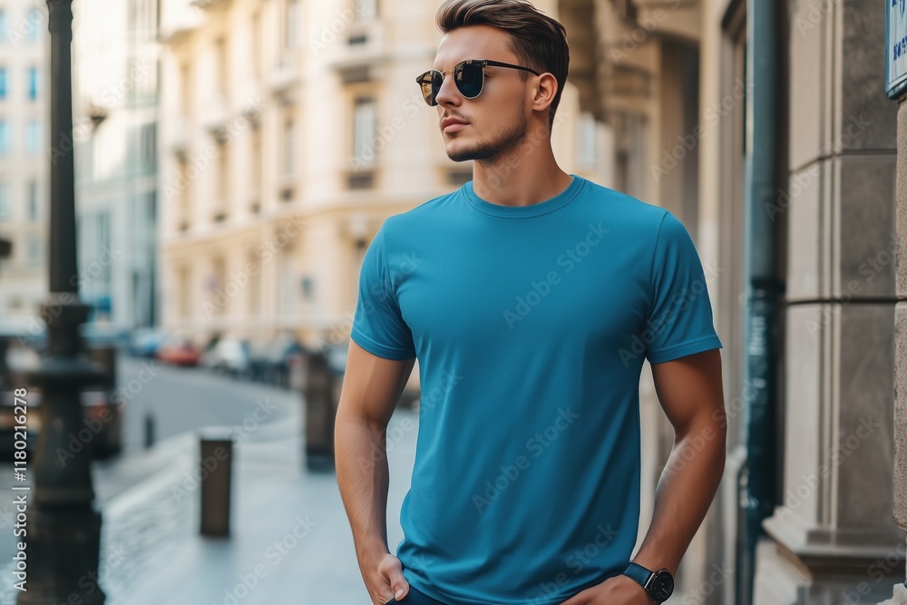 A stylish young man stands confidently on a city street, wearing a blue color T-shirt mockup and sunglasses. The urban backdrop features classic architecture and a winding road. A stylish young man stands confidently on a city street, wearing a blue color T-shirt mockup and sunglasses. The urban backdrop features classic architecture and a winding road.