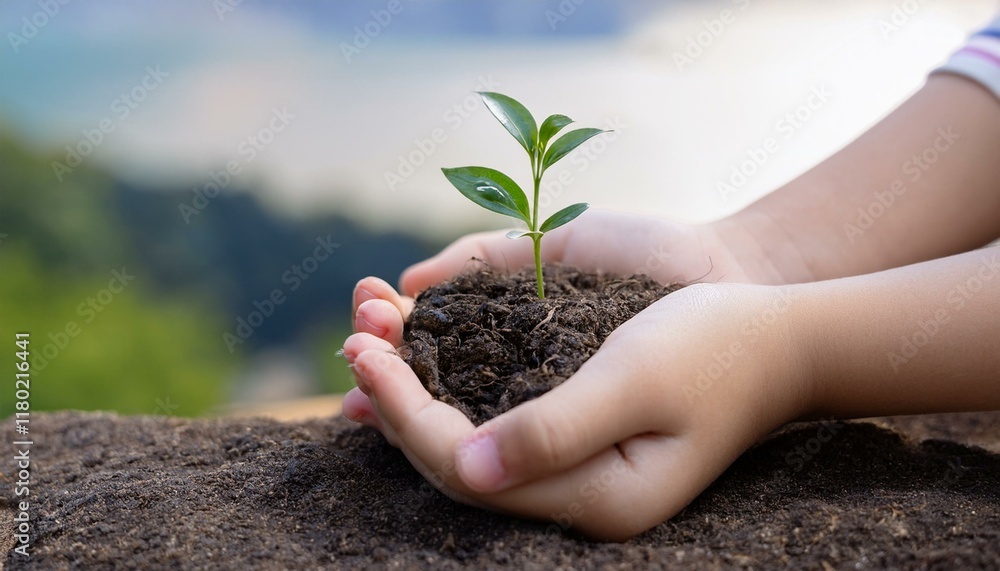 Scene with sprout growing in child's hand Scene with sprout growing in child's hand