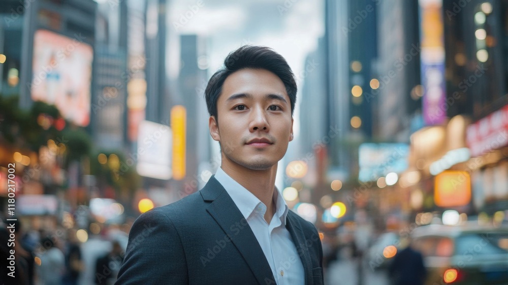 Fototapeta premium Young man in suit on city street.