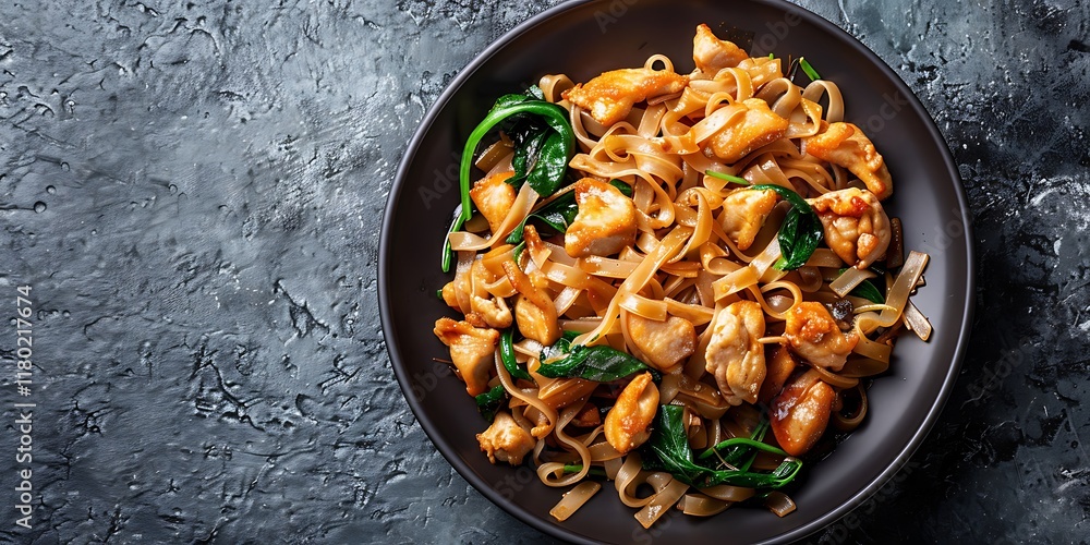 Get your noodle groove on! Stir-fried flat rice ribbons, baby kale, and that oyster sauce hug. Are you in the mood to add pork or chicken to this? Let the stir-fry Get your noodle groove on! Stir-fried flat rice ribbons, baby kale, and that oyster sauce hug. Are you in the mood to add pork or chicken to this? Let the stir-fry