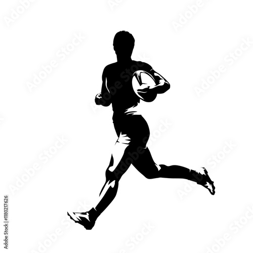 Rugby, woman running with ball, side view. Isolated vector silhouette, ink drawing. Team sport athlete