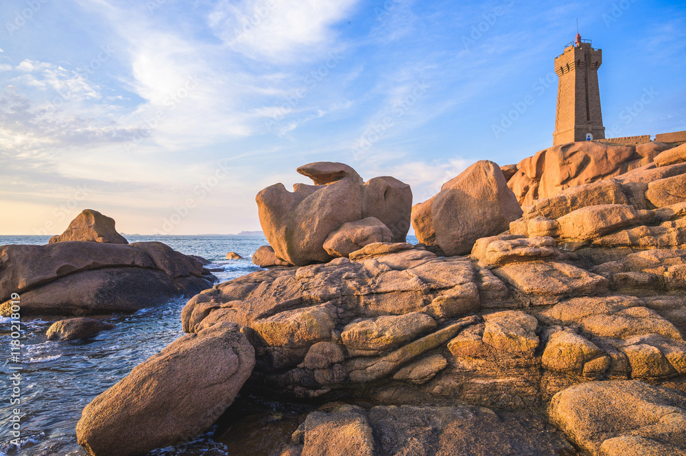 Lighthouse of Ploumanach at the golden hour in Perros-Guirec, Cotes d'Armor, Brittany, France Lighthouse of Ploumanach at the golden hour in Perros-Guirec, Cotes d'Armor, Brittany, France