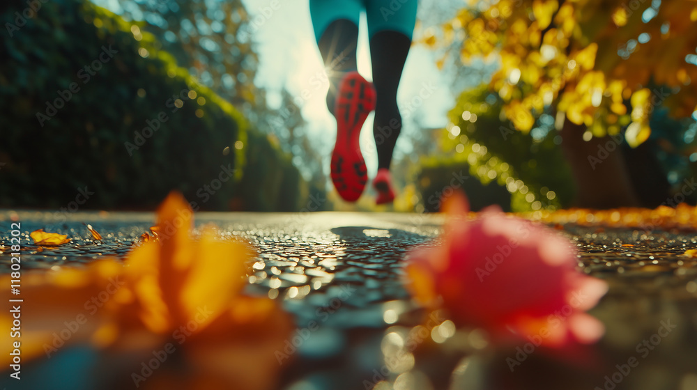 Obraz premium Person jogging in athletic gear on a sunny autumn day through a park with colorful leaves scattered on the ground