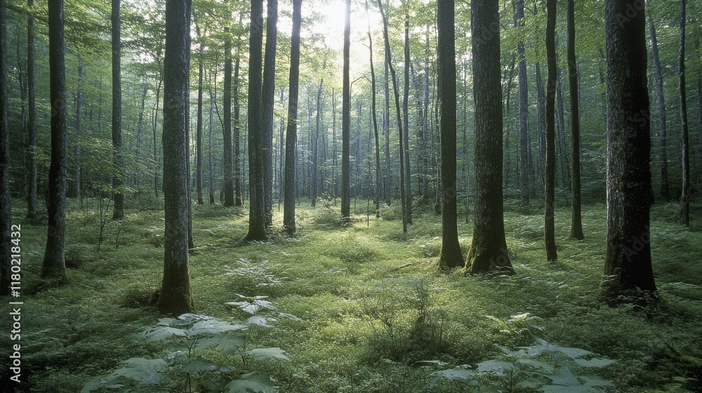 Obraz premium Sunlit rays pierce through the canopy of a forest, highlighting the vibrant green of the understory and painting a picture of natural serenity.