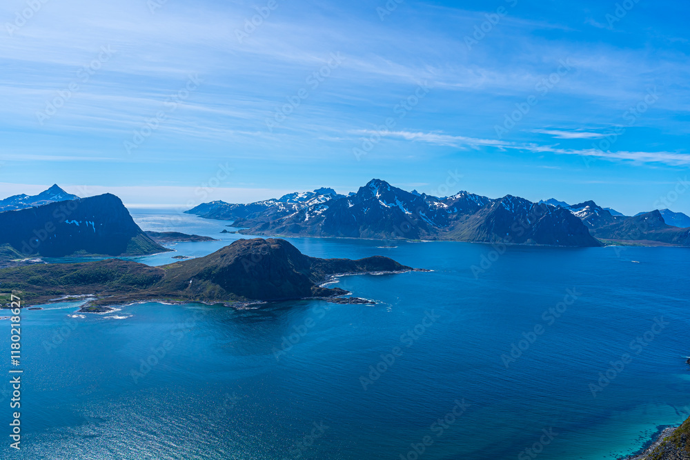 Mannen peak overlooking Haukland Beach, Lofoten Islands, Norway Mannen peak overlooking Haukland Beach, Lofoten Islands, Norway