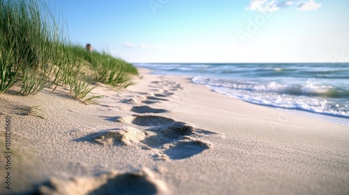 Sandy beach with footsteps leading towards an endless ocean horizon under a bright blue sky. photo