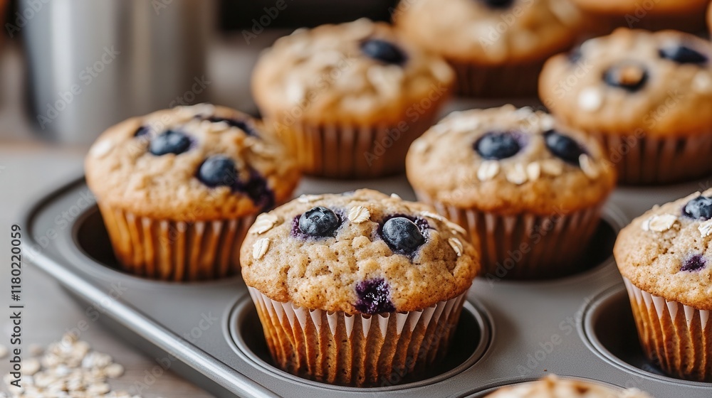 Delicious gluten-free blueberry oatmeal muffins on a wooden counter with almond flour and a measuring cup Delicious gluten-free blueberry oatmeal muffins on a wooden counter with almond flour and a measuring cup