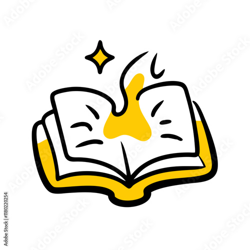 playful illustration of an open book with a glowing design and sparkles
