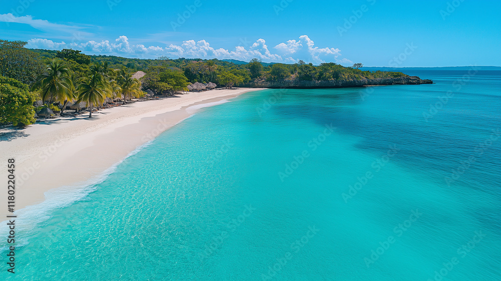 Obraz premium Serene tropical beach with turquoise waters and white sands under a clear blue sky surrounded by lush greenery
