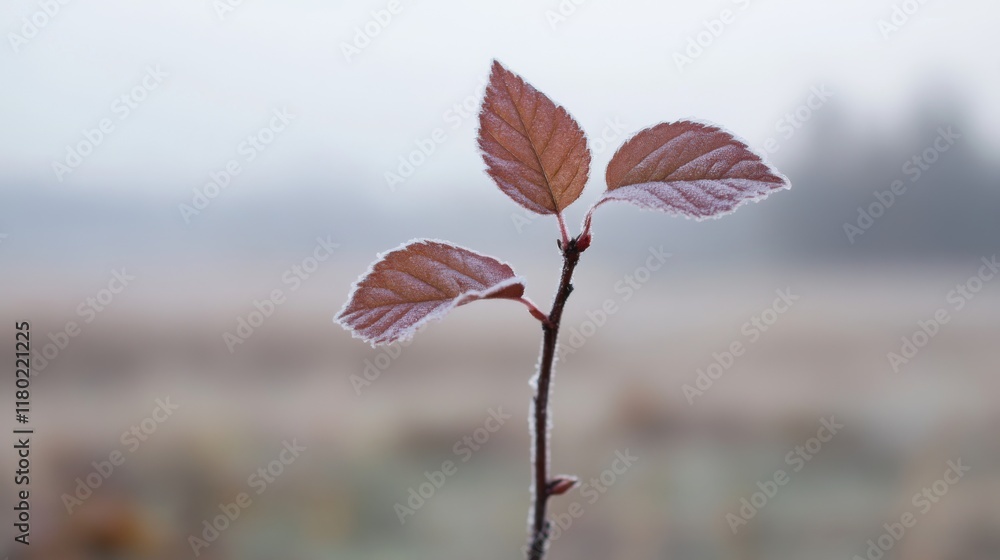Obraz premium Frosty leaves on a branch against a blurred background.
