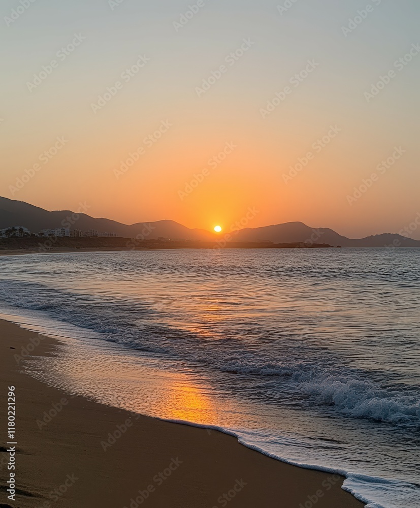 Serene sunset over the ocean with gentle waves and distant mountains Serene sunset over the ocean with gentle waves and distant mountains