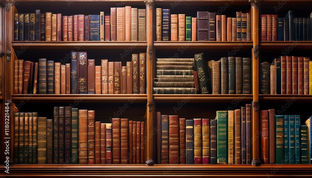 Classic books fill wooden shelves in a library. Classic books fill wooden shelves in a library.