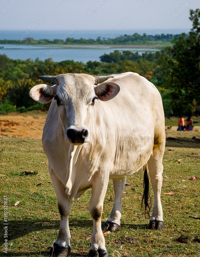 A serene white cow grazes peacefully in a lush green field, a tranquil lake shimmering in the background. A serene white cow grazes peacefully in a lush green field, a tranquil lake shimmering in the background.