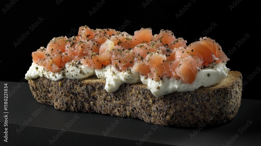 Delightful rye bread topped with fresh salmon and creamy spread Delightful rye bread topped with fresh salmon and creamy spread
