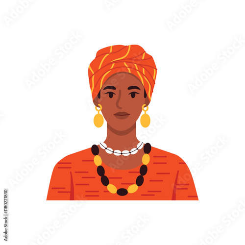 Vector illustration of an African woman. Cartoon scene of a bust of an African woman with a headdress, a dress with patterns,lines,a necklace of beads,shells,an earring isolated on a white background.