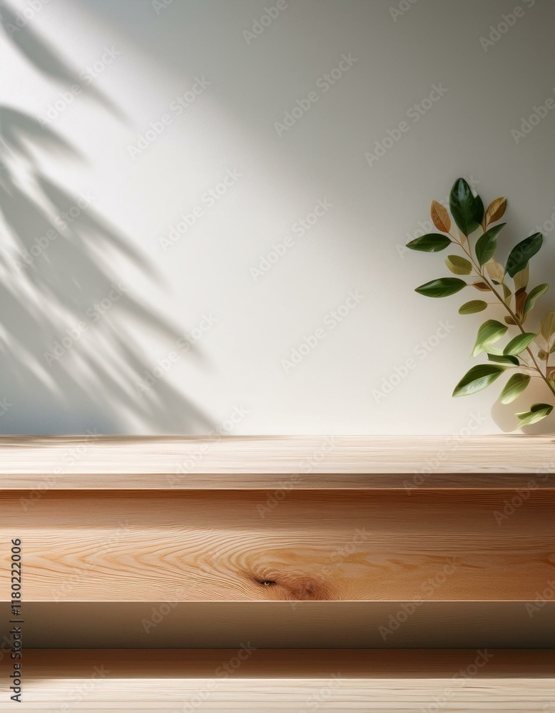 Minimalist wooden shelf with green leaves and sunlight. Minimalist wooden shelf with green leaves and sunlight.