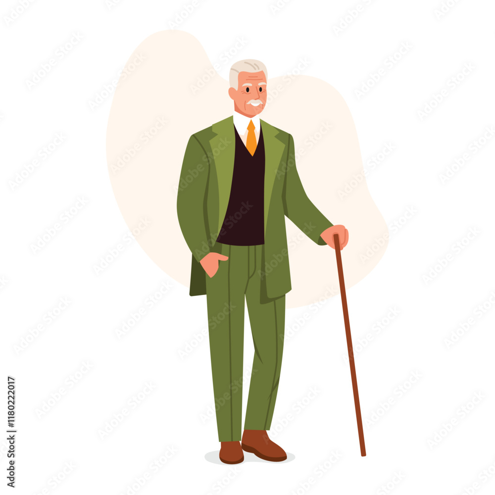 Vector illustration of a stylish elderly man. Cartoon scene of a smiling gray-haired man in a green suit, white shirt, brown vest, yellow tie, shoes isolated on white background. Man holding a cane. Vector illustration of a stylish elderly man. Cartoon scene of a smiling gray-haired man in a green suit, white shirt, brown vest, yellow tie, shoes isolated on white background. Man holding a cane.