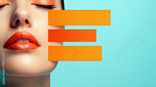 Female model with bold orange makeup and graphic design elements on blue background photo