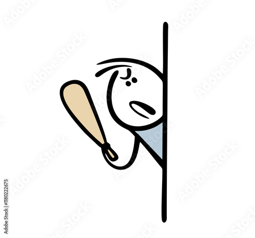 Evil stickman peeks out from behind the corner of  wall and frowns. Vector illustration of  bully holding   baseball bat,   baton and threatening to attack the victim. Isolated cartoon on white.