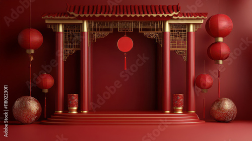 red podium for celebrate new year, asian traditional architecture in red tone. gold oriental ornaments, red lanterns, copy space for text. photo