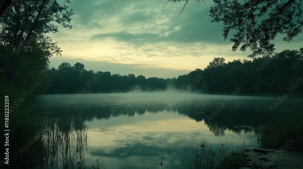 Fototapeta premium Tranquil morning mist over calm lake surrounded by lush greenery