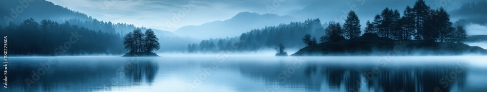 Fototapeta premium Mist envelops a tranquil lake surrounded by mountains during dawn