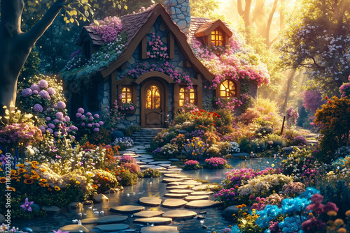 Wallpaper Mural A house surrounded by flowers and trees in a garden Torontodigital.ca