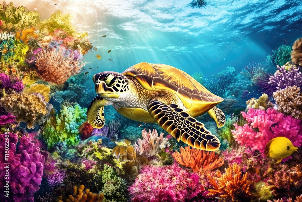 Fototapeta premium A turtle swims through a vibrant coral reef, surrounded by colorful fish and seaweed
