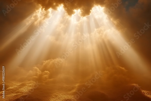 Golden light rays bursting through dark clouds over a sandy landscape.
