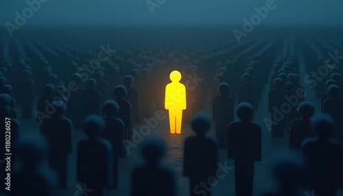 One glowing figure stands out from a large, dark crowd.  A powerful image representing individuality, leadership, or standing apart from the norm. photo