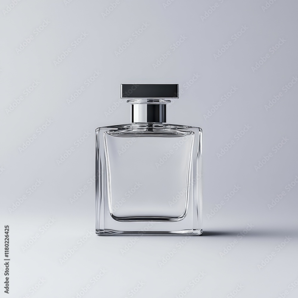 Minimalist glass perfume bottle on a soft gray background showcasing elegance Minimalist glass perfume bottle on a soft gray background showcasing elegance
