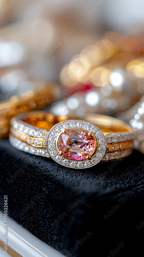 Naklejka premium Elegant diamond and pink gemstone ring display