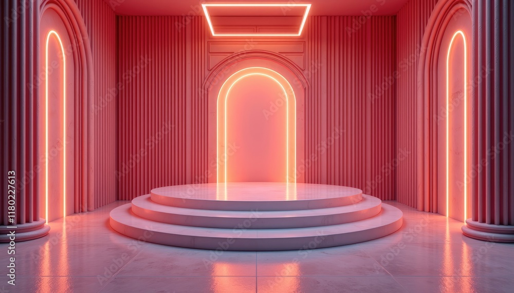 3D rendering of a room with a circular platform, columns, and a red neon light effect. 3D rendering of a room with a circular platform, columns, and a red neon light effect.