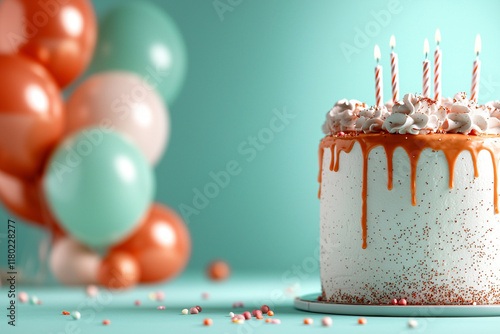 Colorful celebration with drip cake and balloons on turquoise background