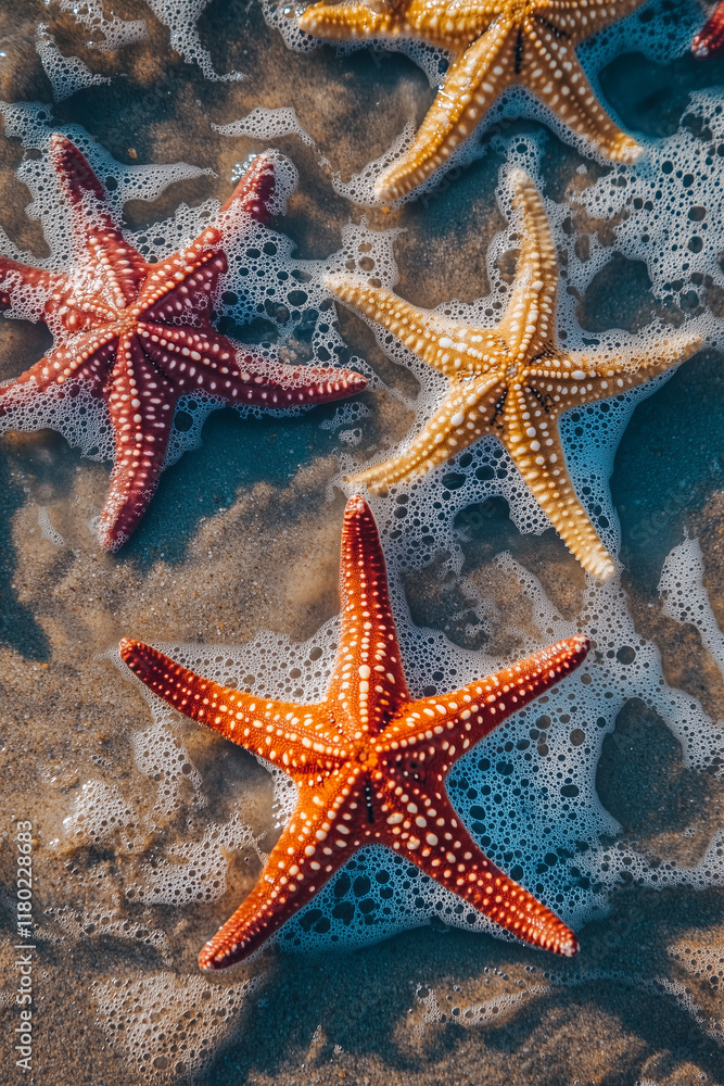 Starfishes scattered on sandy seafloor in shallow tropical beach, rippling water waves reflections. Summer holiday background with copy space, flat lay. Starfishes scattered on sandy seafloor in shallow tropical beach, rippling water waves reflections. Summer holiday background with copy space, flat lay.