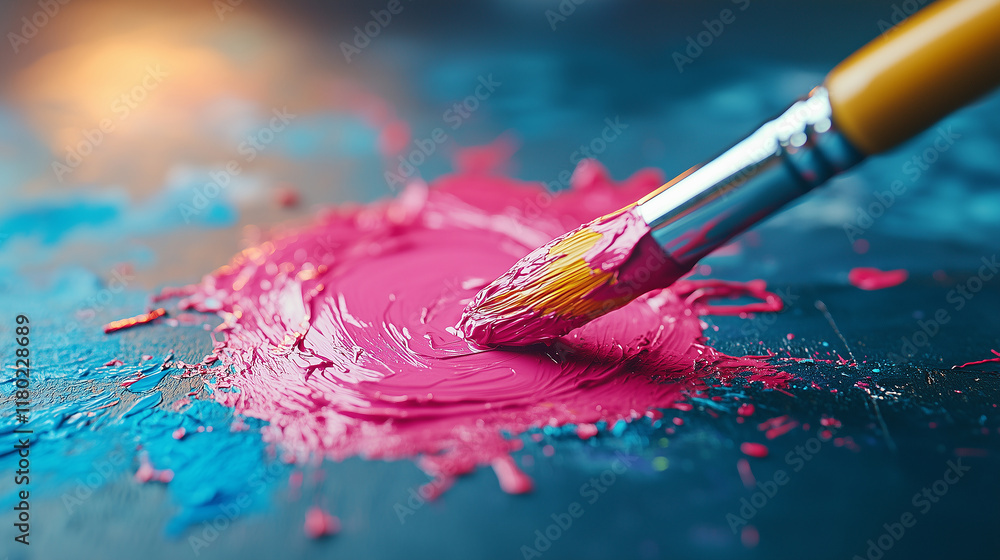 Obraz premium Self-portrait creation in a studio using vibrant acrylic paint and a brush on a textured surface
