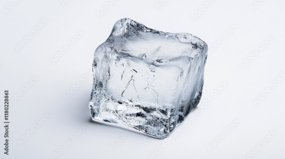 Obraz premium Single clear ice cube on white background.
