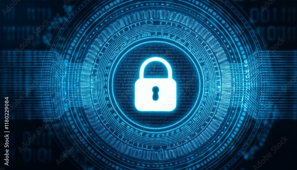 Digital security image with a glowing lock symbol on a background with precise patterns placed to represent encrypted codes Digital security image with a glowing lock symbol on a background with precise patterns placed to represent encrypted codes